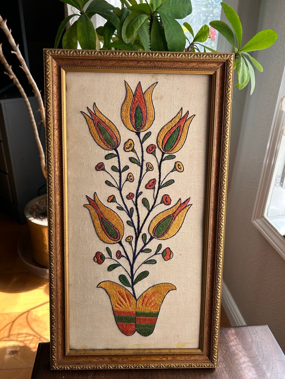 Vintage framed crewel embroidery floral design Pennsylvania Dutch folk art